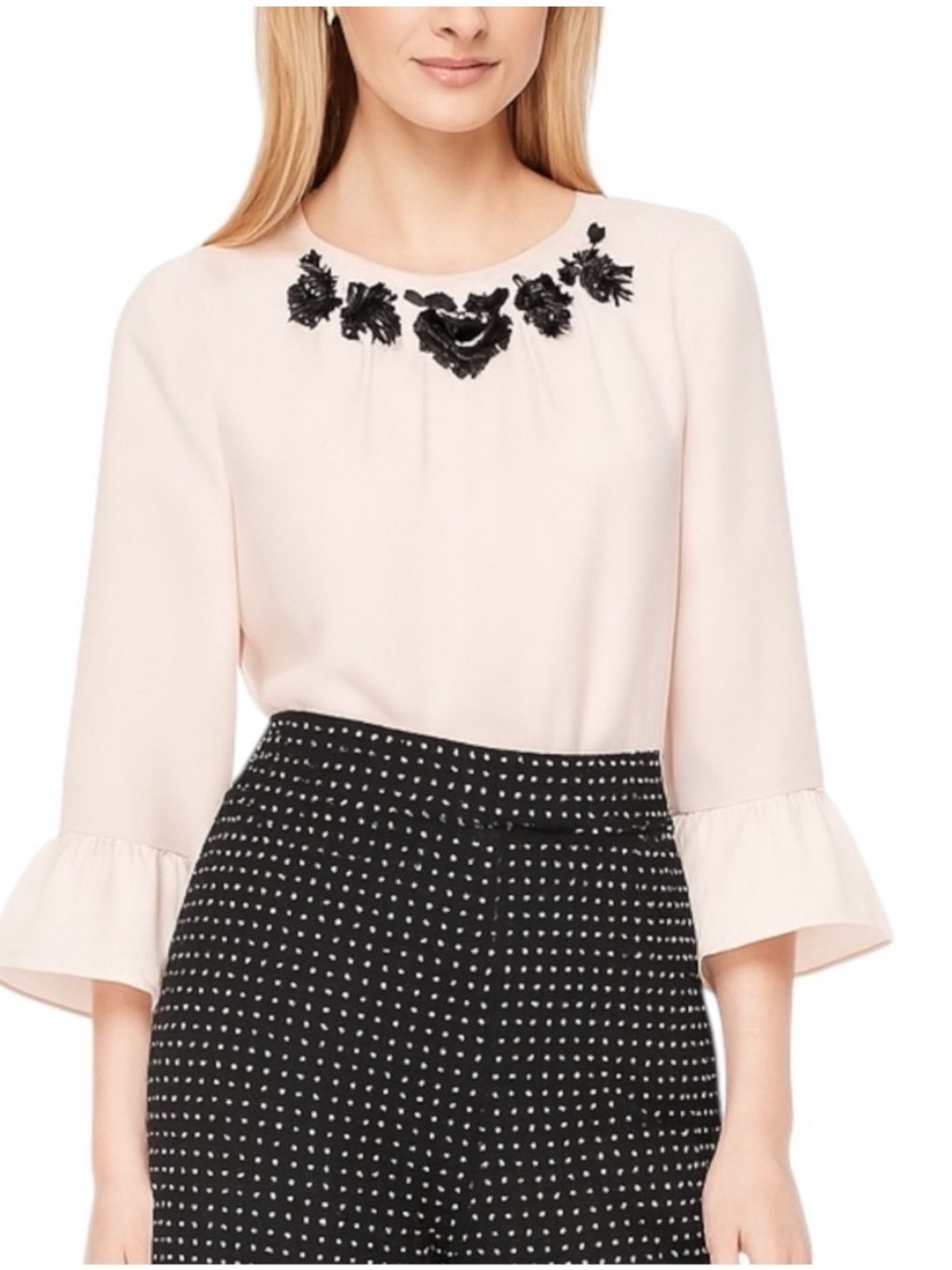 Kate Spade Embellished Crepe Top Size XS Blush Pink Ruffled Sleeve Blouse